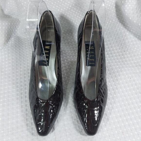 AMALFI! BROWN CROCODILE IMPRINT PATENT LEATHER NIP TOE HEELS, PUMPS! SZ 7AA - Picture 4 of 10